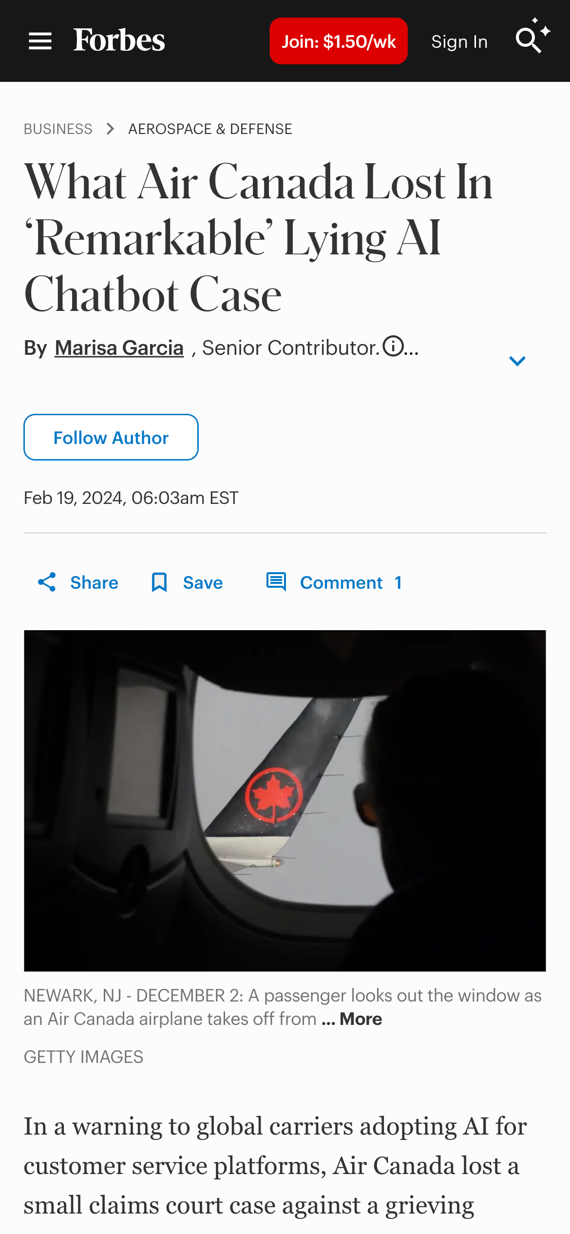 A Forbes news article about Air Canada getting sued following an incorrect claim by a chatbot