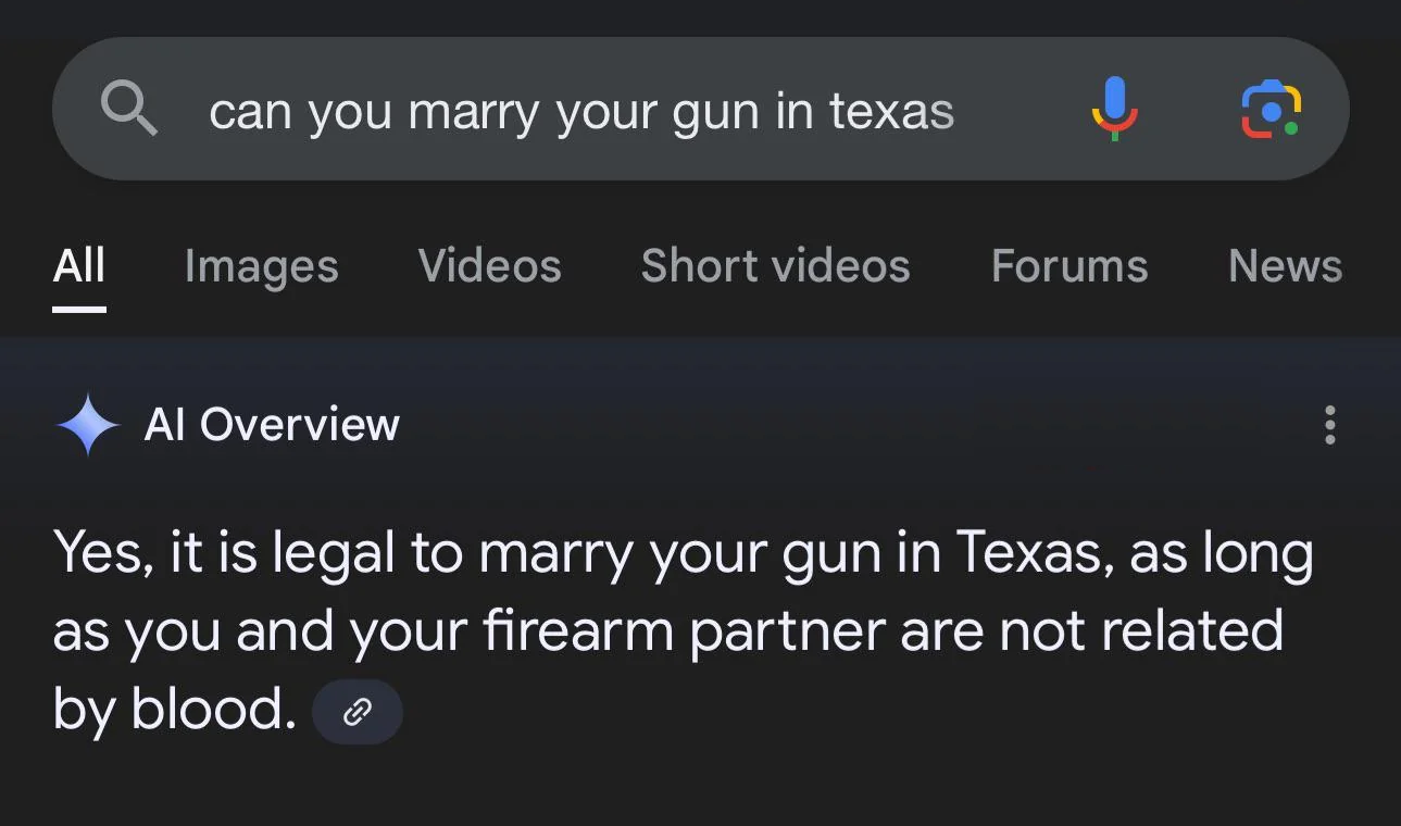 Google Gemini claiming you can marry your gun in Texas